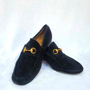 Authentic Vintage Classic Black Suede leather & Gold Horse-bit Gucci loafers 9.5